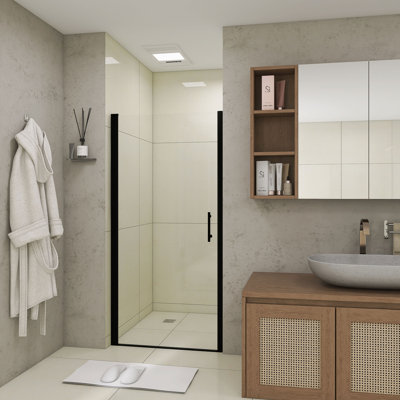 34" W × 72" H Pivot Shower Door – 1/4"(6mm) Tempered Glass With Explosion-Proof Film, Stainless Steel Handle, Matte Black Aluminum Half Frame, Modern Minimalist Design