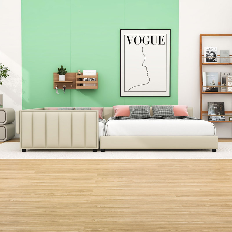 Thaleia Queen Size and Twin XL Size Upholstered Platform Bed with Slats, Beige