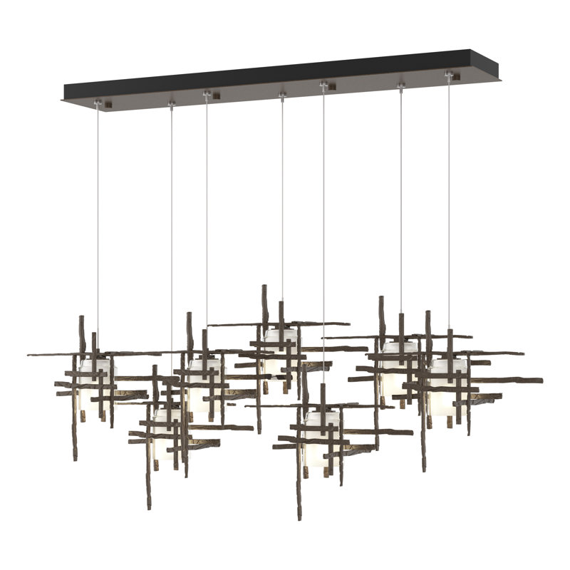 Tura 7-Light Glass Rectangular Pendant, 30" - 80", Seeded Clear, Bronze