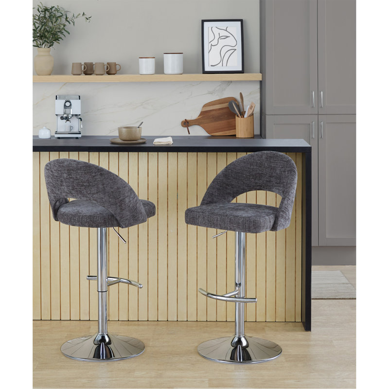 Tabouret de bar réglable avec pivot en métal chromé et tissu gris foncé avec repose-pieds rond en T - ensemble de 2