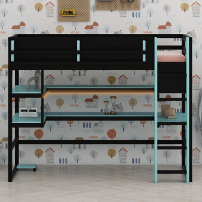 Lit mezzanine multifonctionnel avec poste de travail intégré, support d'organisation latéral, tablettes extensives et éclairage RVB personnalisable