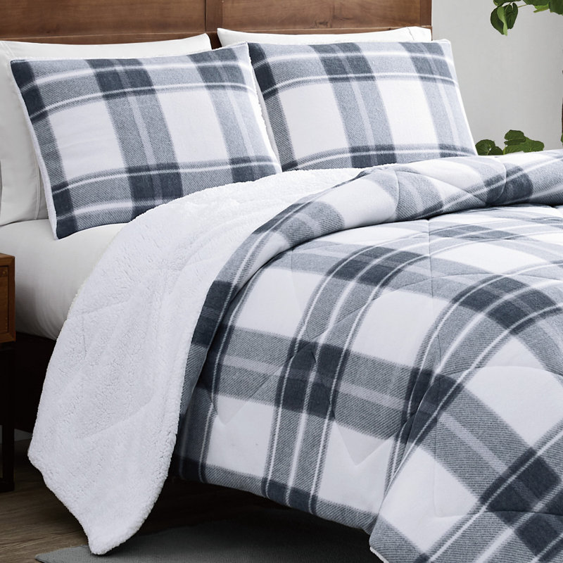 Box Stitch Plaid Comforter, Blue/Cream, King Comforter + 2 King Shams