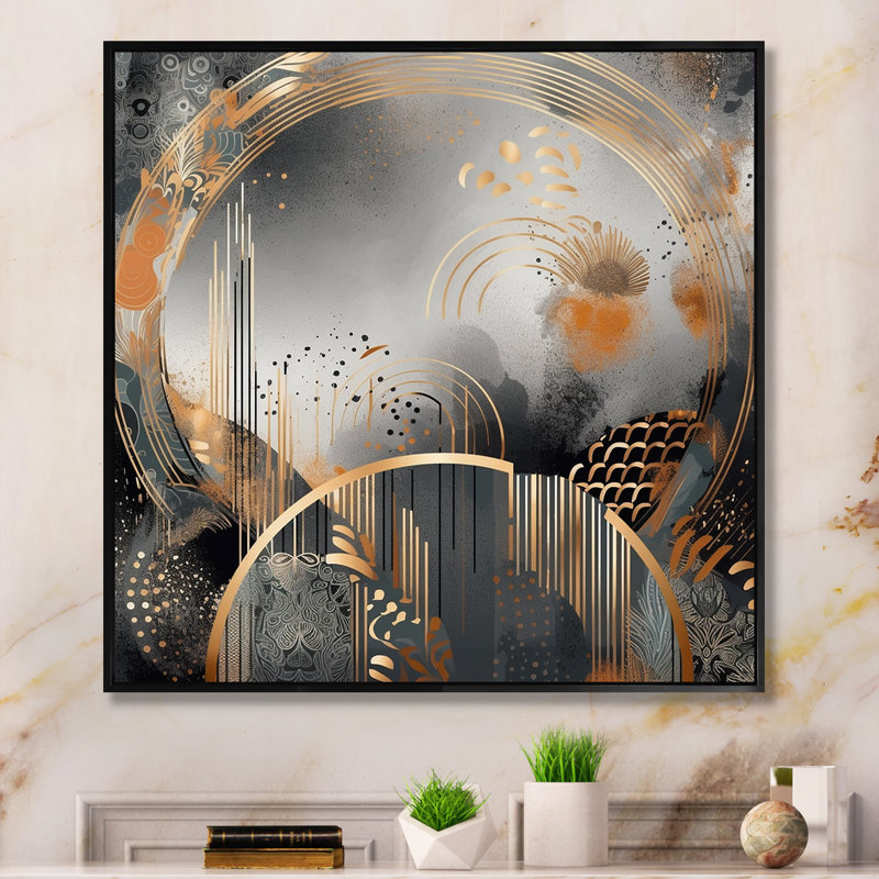 Or et gris, formes modernes, minimalisme IV - décoration murale abstraite, H 30 po x l 30 po x P 1,5 po, Cadre flottant noir