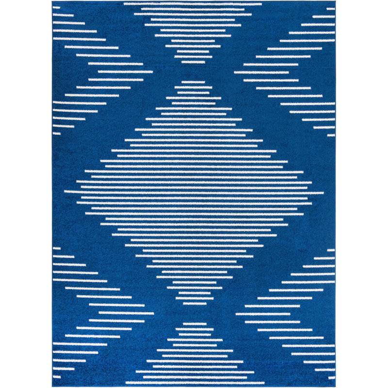 Tapis géométrique bleu marine en polypropylène tissé à la machine, Rectangle 9 pi x 12 pi