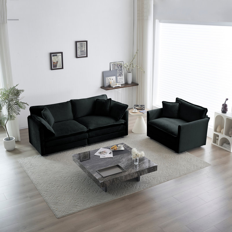  Ensemble de canapé modulaire 2 pièces, causeuse en chenille et fauteuil d'appoint avec structure en bois, noir, Noir