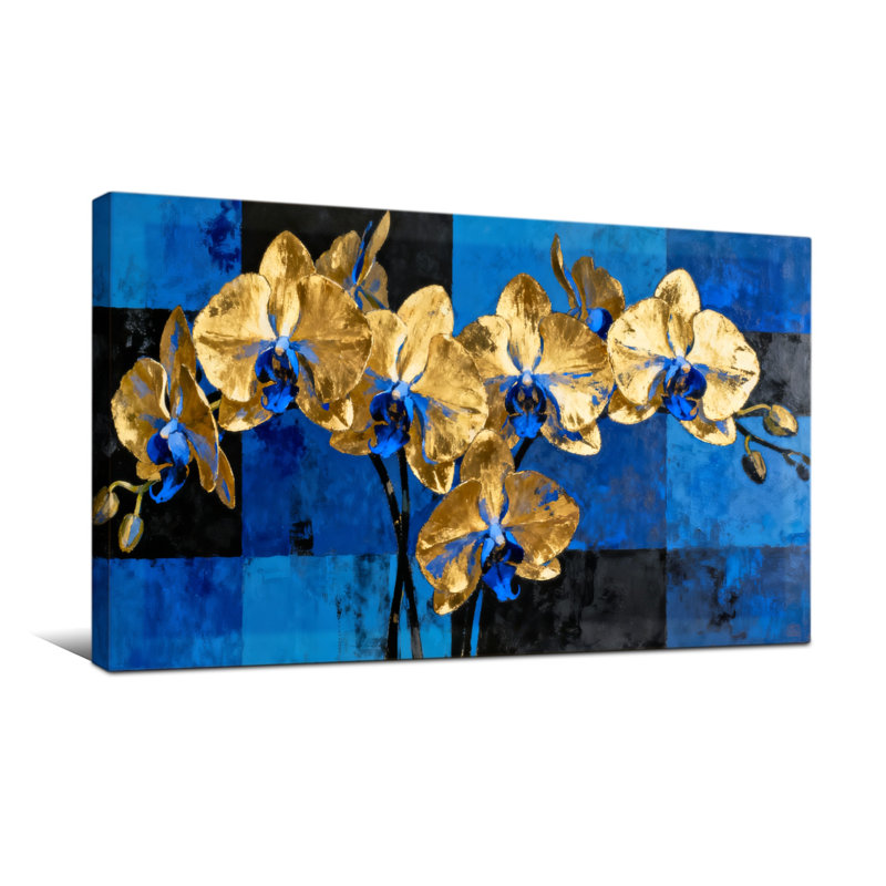 Plantes et fleurs, motif d'art floral orchidée bleue et dorée, H 20 po x l 40 po