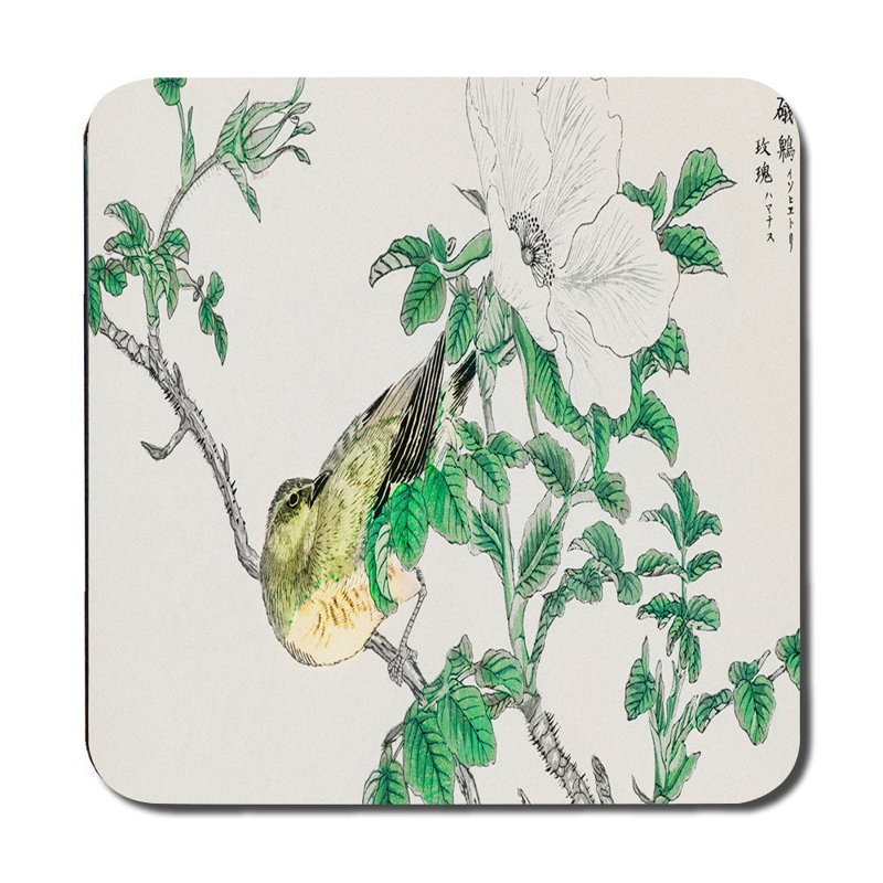 Bird And Floral Placemat And Coaster Set With Green Leaves Design