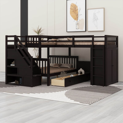 Modern Style L-Shaped Bunk Bed With 3 Drawers,Desk And Wardrobe
