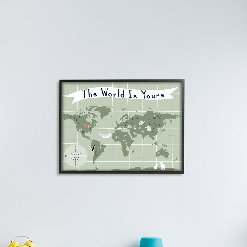 «The World Is Yours», phrase «Carte du monde verte» pour enfants, H 24 po x l 30 po, Giclée encadrée blanc bord de mer