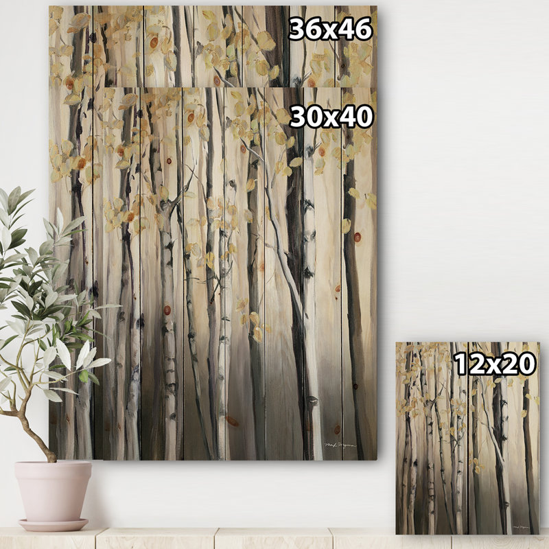 Golden Birch Forest IV - reproduction de chalet sur bois de pin naturel, H 20 po x l 12 po x P 1po