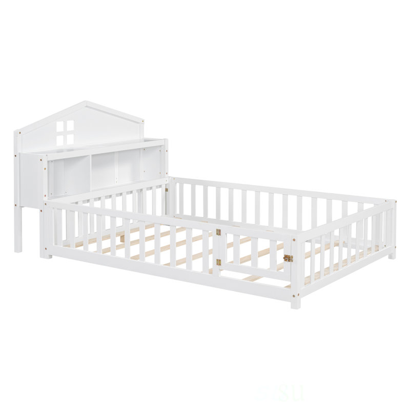 Full-Size Montessori Floor Bed With Bookcases And Blackboards, Versatile Platform Beds With Guard Rails, Solid Wood Storage Headboards For  And Teens