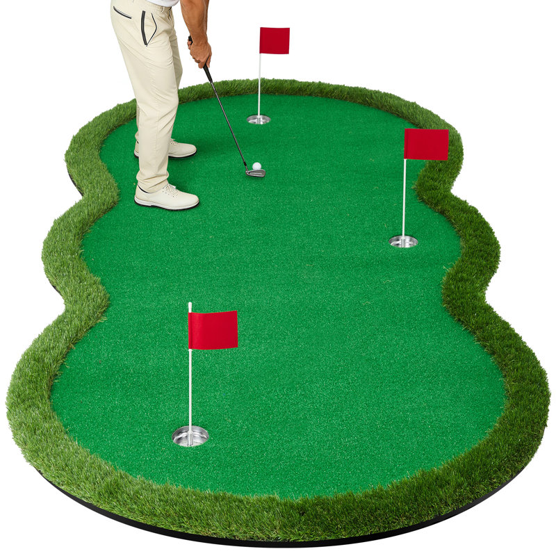 Tapis de golf professionnel 10 x 5 pi avec 3 tasses en métal, vert pratique pour l'intérieur et l'extérieur