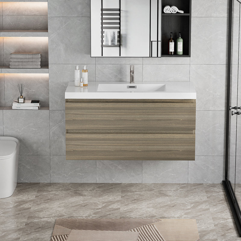 Meuble-lavabo mural 42 po avec lavabo et rangement mural moderne, Gris, Blanc