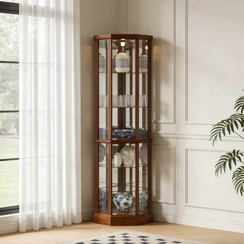 Vitrine de coin lumineuse à 6 niveaux avec tablettes en verre et dossier en miroir, Noyer