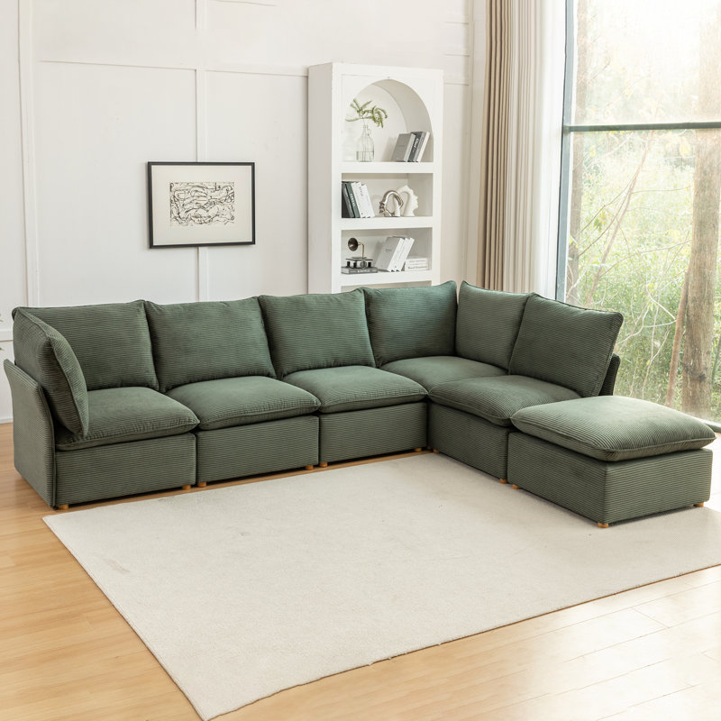 Hepworth 6 - Piece Corduroy Sectional Sofa With Ottoman, Green Corduroy