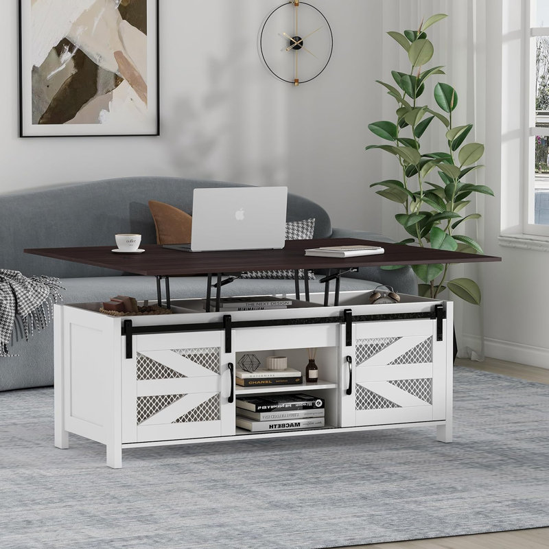 Verniet 48” Lift Top Coffee Table with Storage, Walnut, White