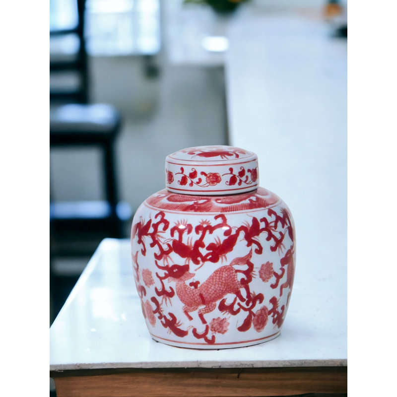 Pot à gingembre en porcelaine 9 po avec cerf chinois, Red