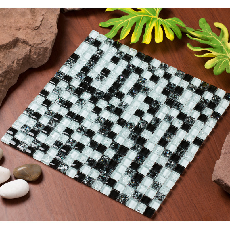 Mesh Pess Natural Stone/Glass Grid Mosaic Wall & Floor Tile, Black/White