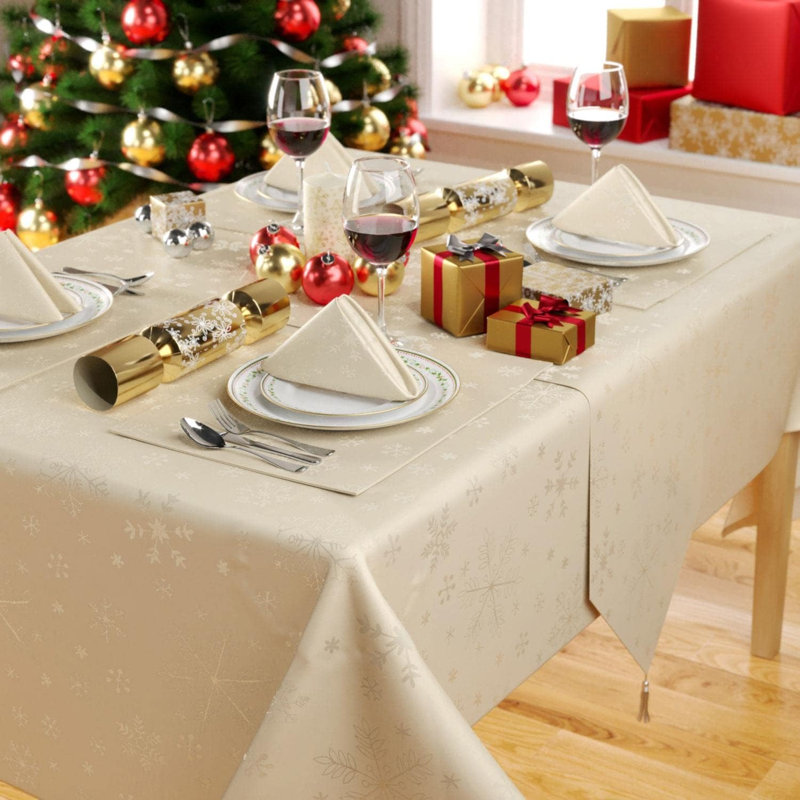 Christmas Tablecloth Blizzard Snowflake Embossed Design - 90in, Cream, 178cm L x 132cm W