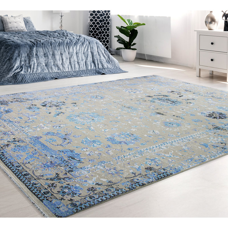 Tapis beige / turquoise / noir noué à la main de haute qualité, Rectangle 9 pi x 12 pi