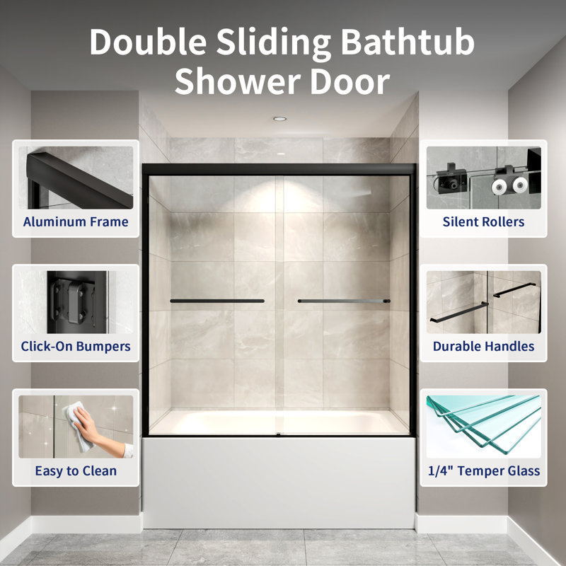 56" - 60" W x 60" H Double Sliding Tub Door Aluminum Frame with 1/4" Tempered Clear Glass, Matte Black, Matte Black