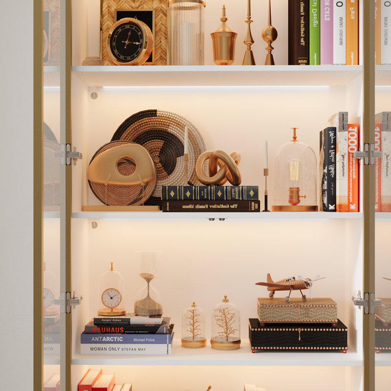 Display Cabinet With Adjustable Lights And Tempered Glass Door, White