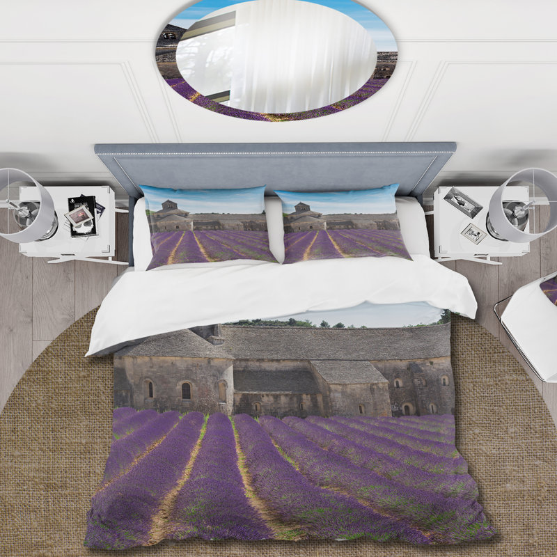Champ de lavande avec abbaye en France - Ensemble de housse de couette Farmhouse - Microfibre de polyester