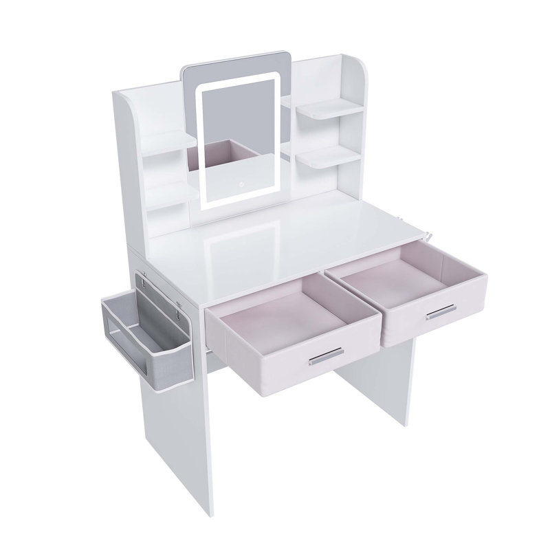 LED Mirror Vanity Dressing Table With Adjustable Lights, Large Drawers, Hair Dryer Stand, And Non-Woven Storage Bag For Makeup And Organization