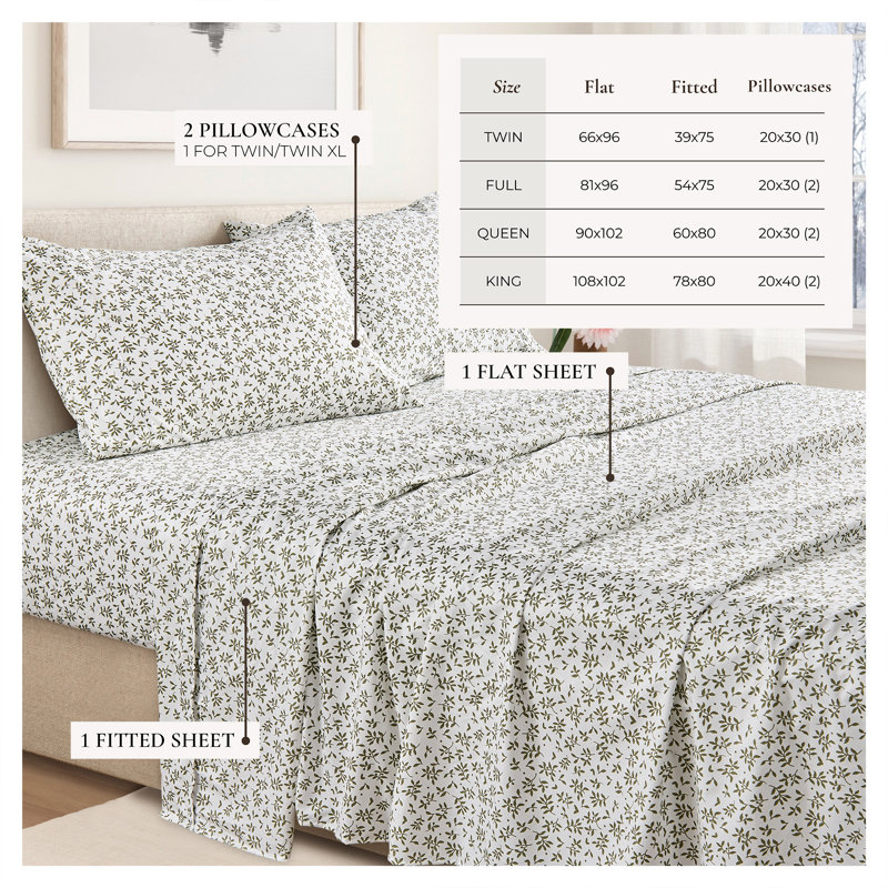 Soft Printed Microfiber Sheet Set, Full Sheet Set with 2 Pillowcases, Vines Green