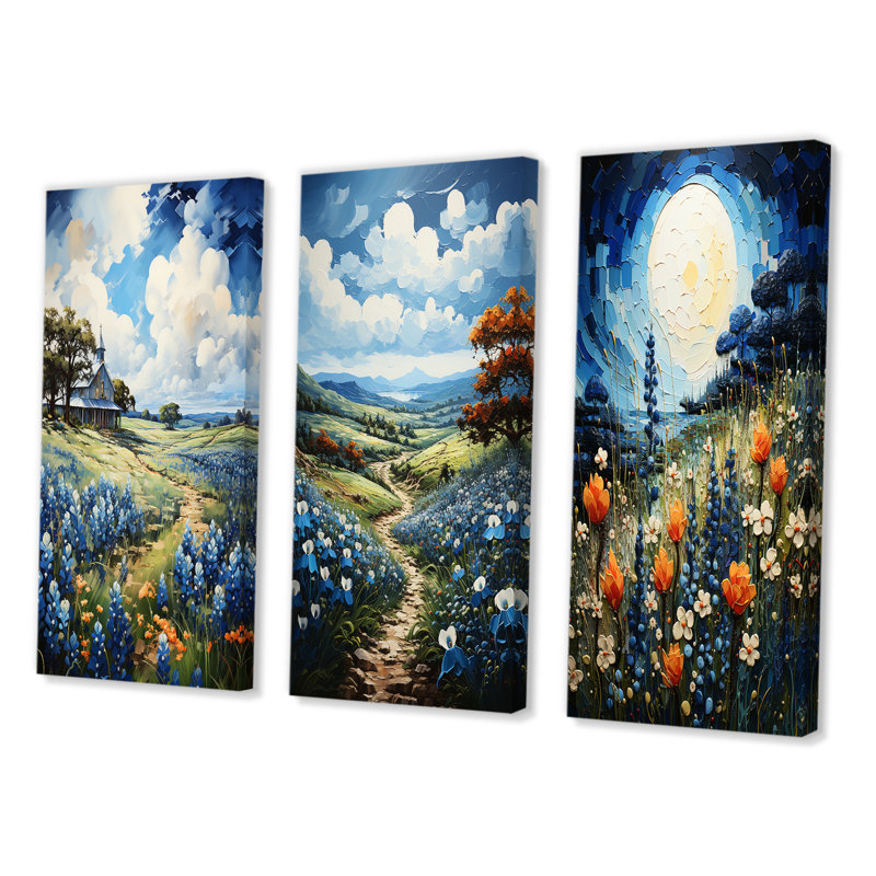 «Blue Bonnets Texan Blues», 3 pièces, Toile tendue, H 28 po x l 36 po