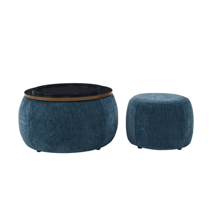 Table de bout, repose-pieds rond avec rangement, Noyer, Bleu très foncé