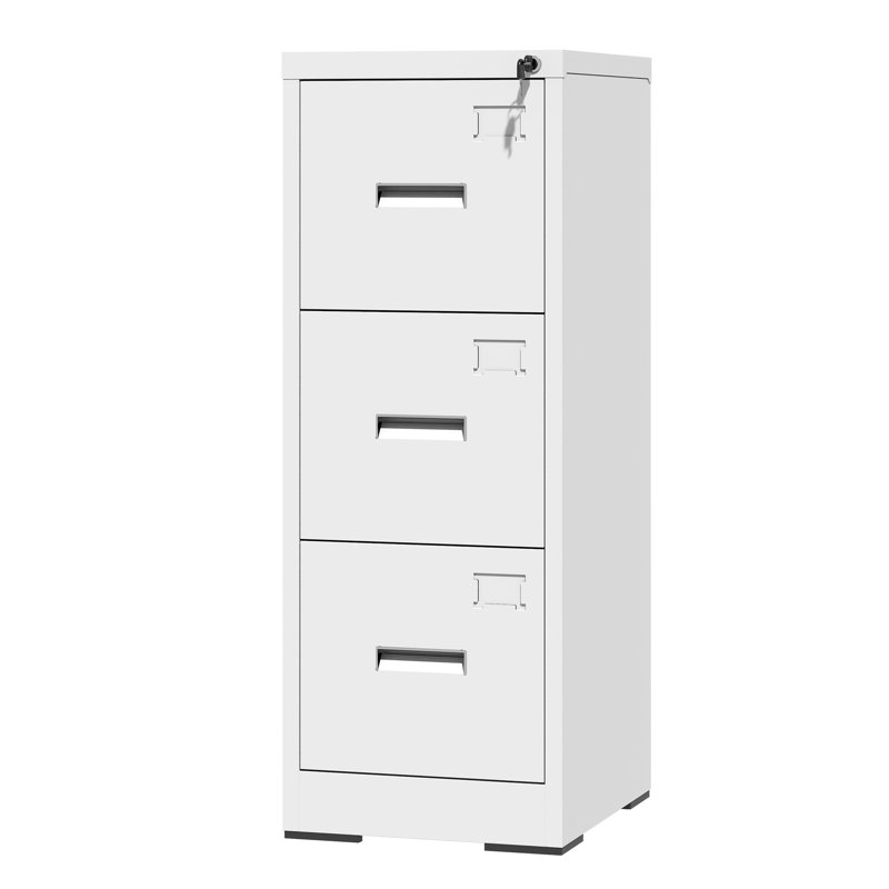 3 Drawer Metal Vertical File Cabinet With Lock And Card Slot Office Home Vertical File Cabinet For A4 Legal/Letter Size Narrow File Cabinet Locked,Assembly Required (White)
