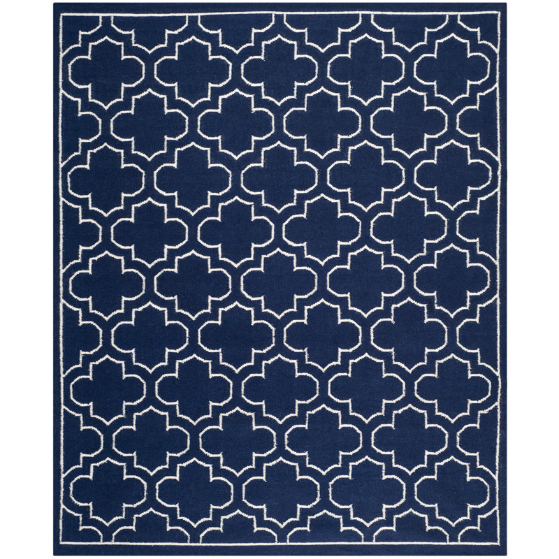 Rodgers Hand Woven Flat Weave Banana Silk/Wool/Cotton Geometric Rug in Ivory/Navy, Rectangle 5' x 8'