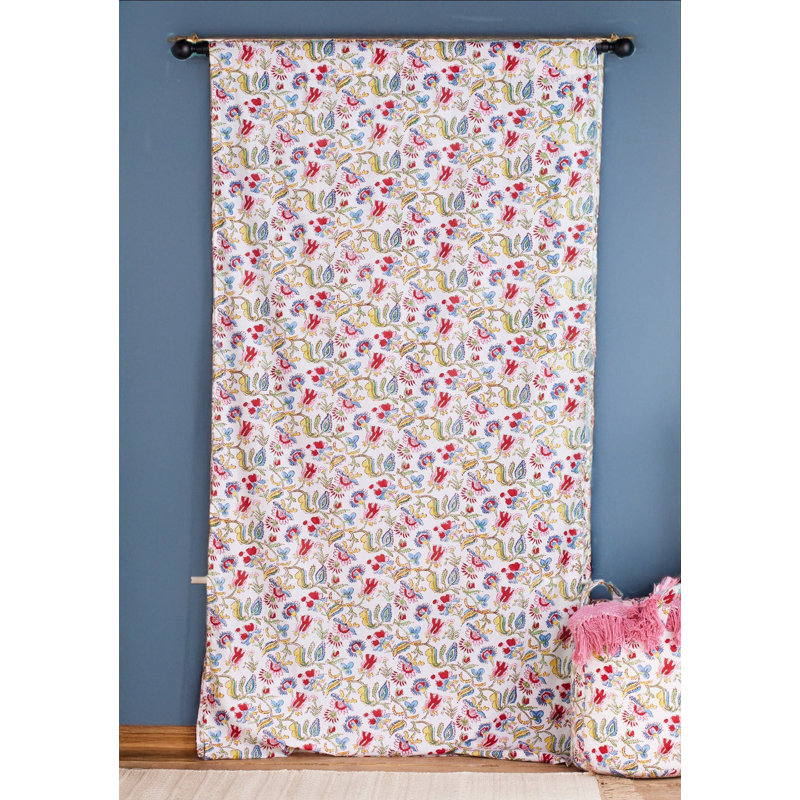 Indian Floral Flower Design Pale Whit Cotton Block Print Curtain Panel