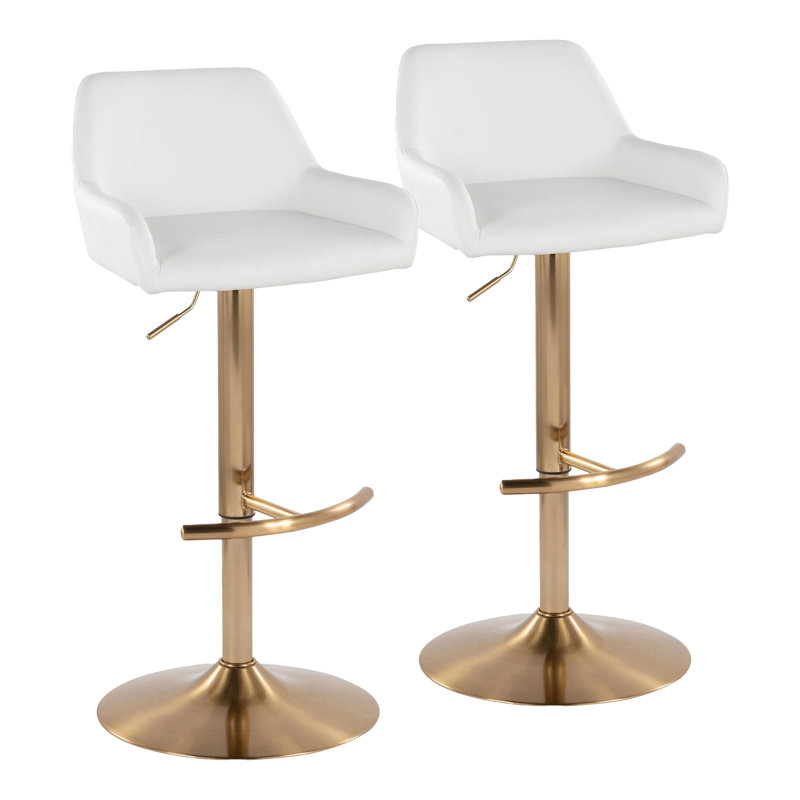 Tabouret de bar réglable avec repose-pieds arrondi Cassiopeia, Similicuir blanc / cadre doré