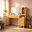 Coiffeuse en bois cannelée avec grand miroir, coiffeuse à 4 tiroirs avec armoire de rangement et station de charge pour chambre à coucher, naturel
