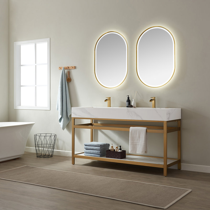 Ensemble de meuble-lavabo double 60 "avec miroir 60", Or brossé, VNOV2110