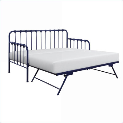 Daybed with Lift-Up Trundle, Classic Navy Blue Metal Frame for Guest Room | Navy Blue | Metal