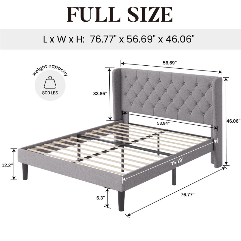 Walace Upholstered Wingback Bed, Full, Light Gray