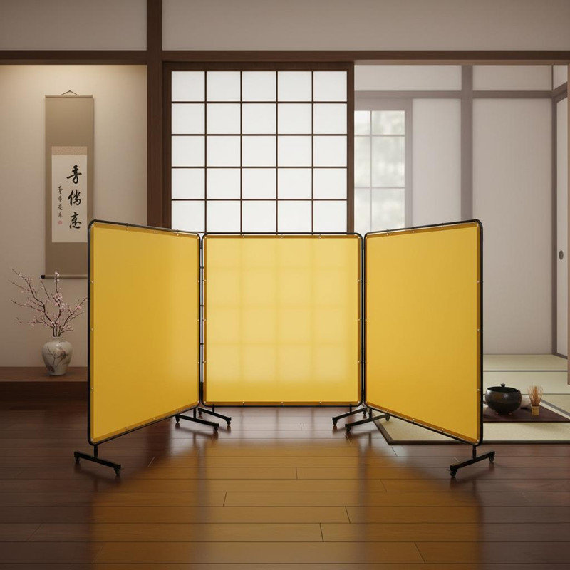 Flame-Resistant 3-Panel Welding Screen – Red Vinyl Curtain with Steel Frame & 12 Lockable Swivel Casters – Portable Welding, Garage & Grinding Safety, 6x6ft