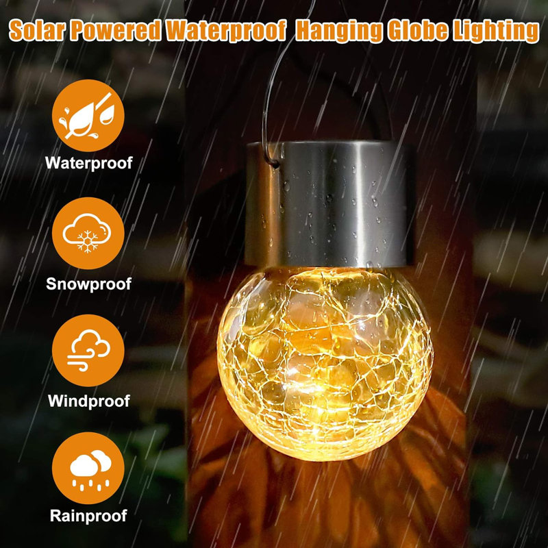 Arlmont & Co. 12Pack Hanging Outdoor Solar Lights - Decorative Cracked Glass LED Ball Lights Waterproof Tree Solar Powered Globe Lights With Handle For Garden Yard Patio Fence