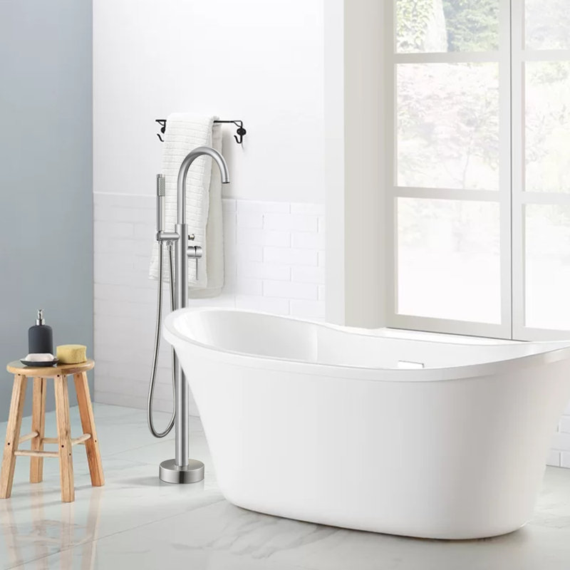 Robinet de baignoire à fixation au sol avec inverseur et douchette, Nickel brossé
