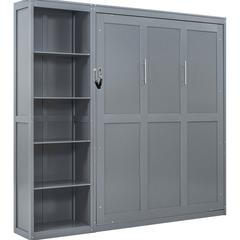 Grand lit mural gris avec tablettes, idéal pour les petits appartements, lit pliable, construction compacte, matelas à lattes flexibles, pratique et élégant