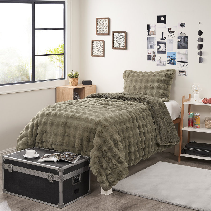 Ensemble d'édredon en fausse fourrure Coma, Vert, Édredon pour grand lit + 2 taies décoratives sta