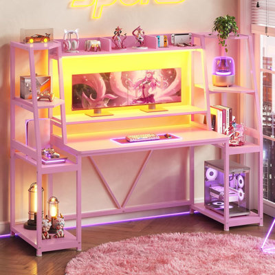 65.7'' Gaming Desk with LED Lights, Hutch and Storage Shelves, Computer Desk with Monitor Stand, Large PC Workstation for Bedroom Living Room, Pink