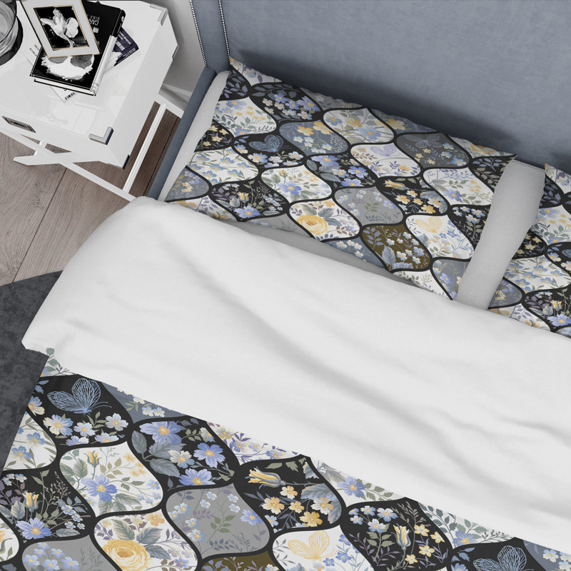 Black Patchwork Pattern Geometric Shapes Duvet Cover, King Duvet Cover + 2 King Shams