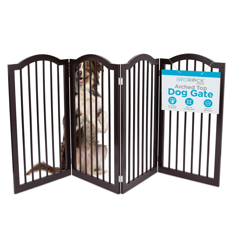 BirdRock Home Arched Top Dog Gate - 4 Panel, 36" H Wooden Pet Barrier for Dogs or Cats - Freestanding Folding Room Divider for Doorways, Hallways, Stairs, and Porch - Portable, Extra Wide - Espresso