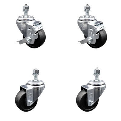 3 Inch SS Soft Rubber Wheel Swivel ½ Inch Threaded Stem Caster Set 2 Brakes SCC