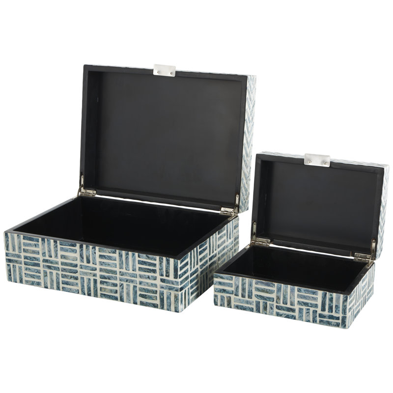 Ninon Blue Mother of Pearl Shell Geometric Handmade Mosaic Storage Decorative Box, Set of 2