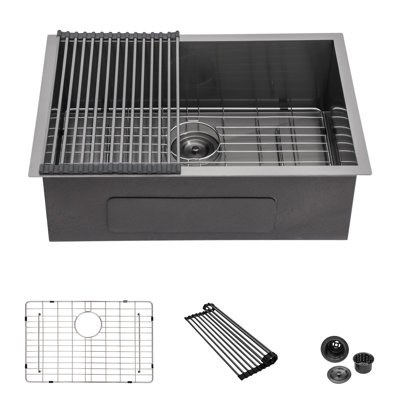 28 Inch Gunmetal Black Undermount Single Bowl Kitchen Sink, 16 Gauge Stainless Steel With Grid, Roll-up Rack And Drain Assembly